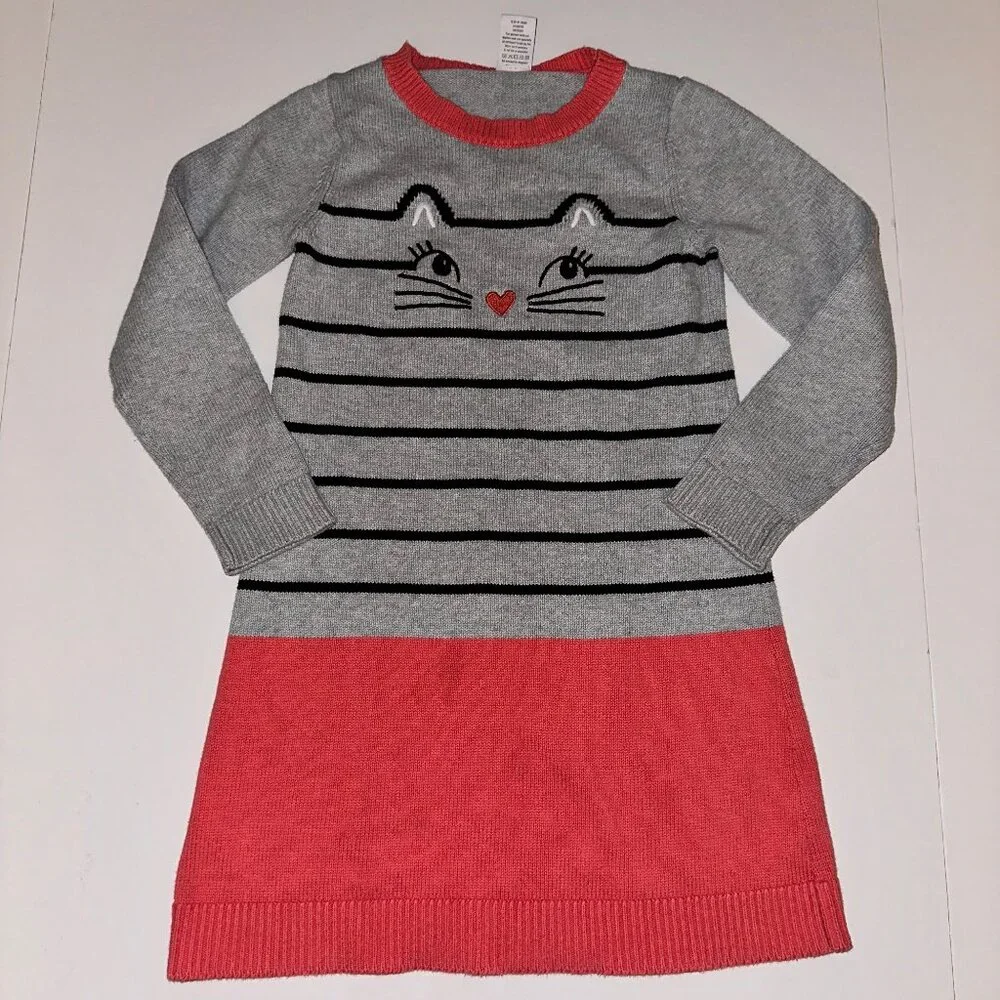 Gymboree Cat Sweater Dress SZ 7 gray and melon